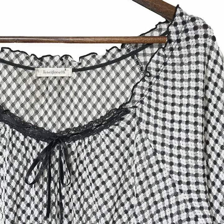 [BUNJANG] Vintage Satin Ribbon Frill A-Line Check Mini Dress / 일본빈티지 새틴리본 프릴A라인 체크미니원피스 블랙 모리걸하구미룩갸루y2k