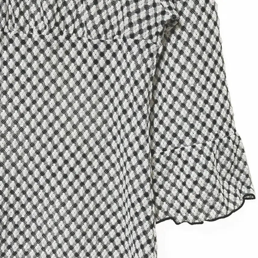 [BUNJANG] Vintage Satin Ribbon Frill A-Line Check Mini Dress / 일본빈티지 새틴리본 프릴A라인 체크미니원피스 블랙 모리걸하구미룩갸루y2k