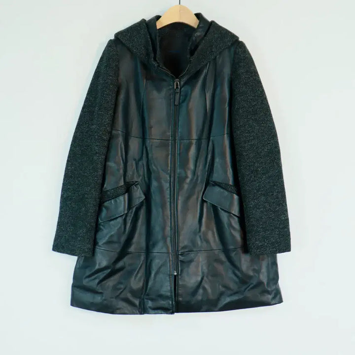 [BUNJANG] CRESSON Leather Hooded Coat (Black, 77) / CRESSON 크레송 양가죽 배색 후드 코트 77 블랙 레더