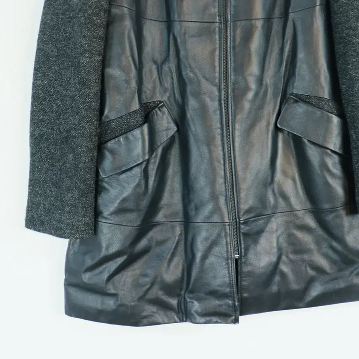 [BUNJANG] CRESSON Leather Hooded Coat (Black, 77) / CRESSON 크레송 양가죽 배색 후드 코트 77 블랙 레더