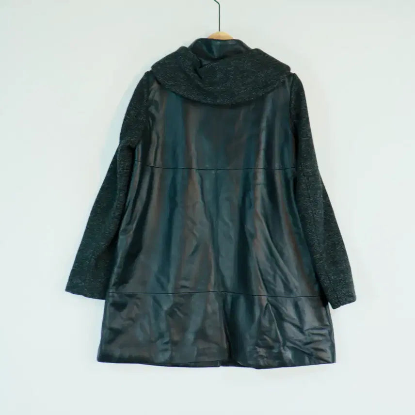 [BUNJANG] CRESSON Leather Hooded Coat (Black, 77) / CRESSON 크레송 양가죽 배색 후드 코트 77 블랙 레더