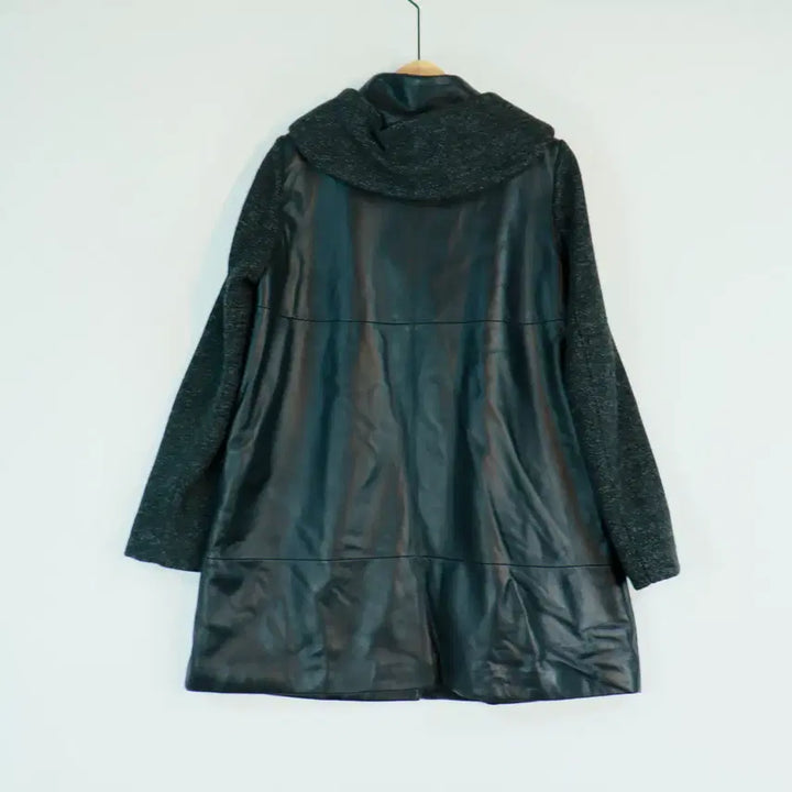 [BUNJANG] CRESSON Leather Hooded Coat (Black, 77) / CRESSON 크레송 양가죽 배색 후드 코트 77 블랙 레더