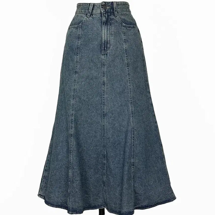 [BUNJANG] Vintage Washed Denim Long Skirt / 일본빈티지 워싱절개라인 뒷밴드 데님청롱스커트치마 모리걸하구미룩갸루y2k