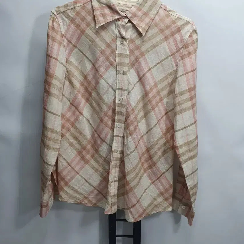 [BUNJANG] Burberry Linen Shirt Long Sleeve Pink Check M / 버버리 린넨 셔츠 긴팔 남방 핑크 체크 m