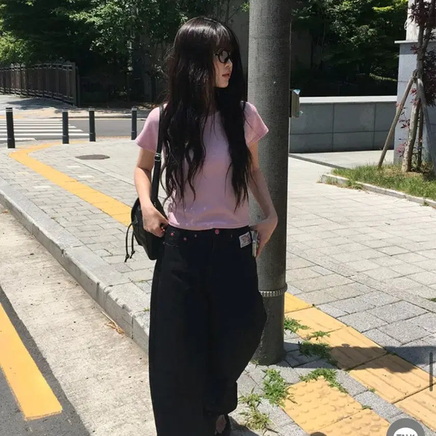 [BUNJANG] ANOTHERONE Miron Pink Lettering Black Wide Balloon Jeans / 애니원모어 미론 핑크 레터링 생지 블랙 와이드 벌룬 팬츠