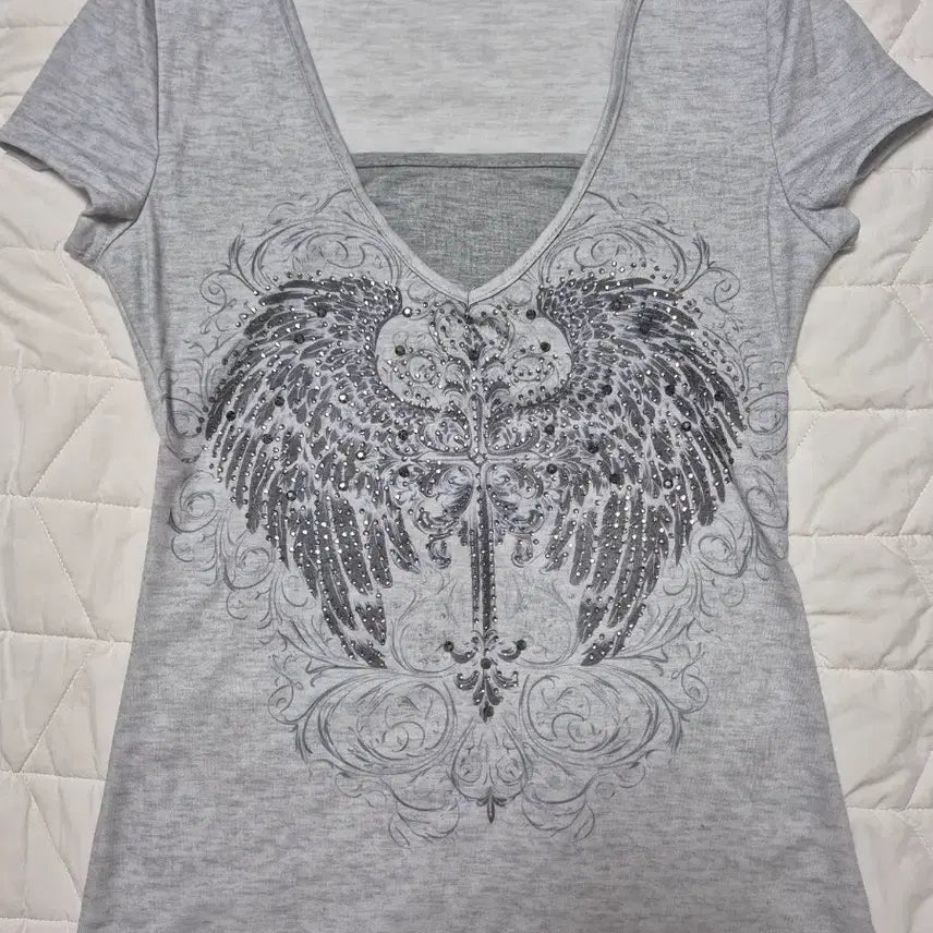 [BUNJANG] Rhinestone Gray Short Sleeve T-shirt / 라인스톤 반팔 그레이