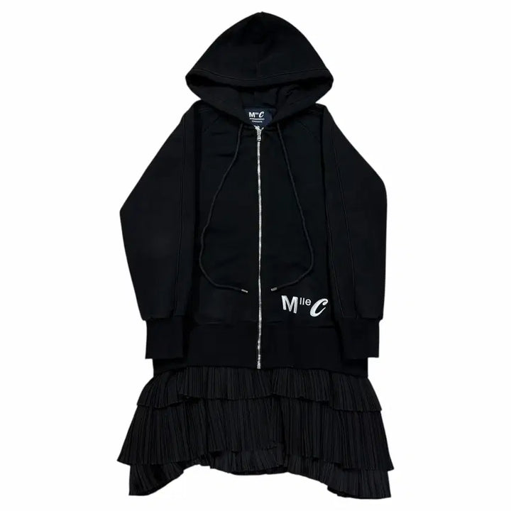 [BUNJANG] Lucky Chouette Pleated Long Fleece Hoodie Jacket / 럭키슈에뜨 플리츠 롱 기모 후드집업 자켓 블랙