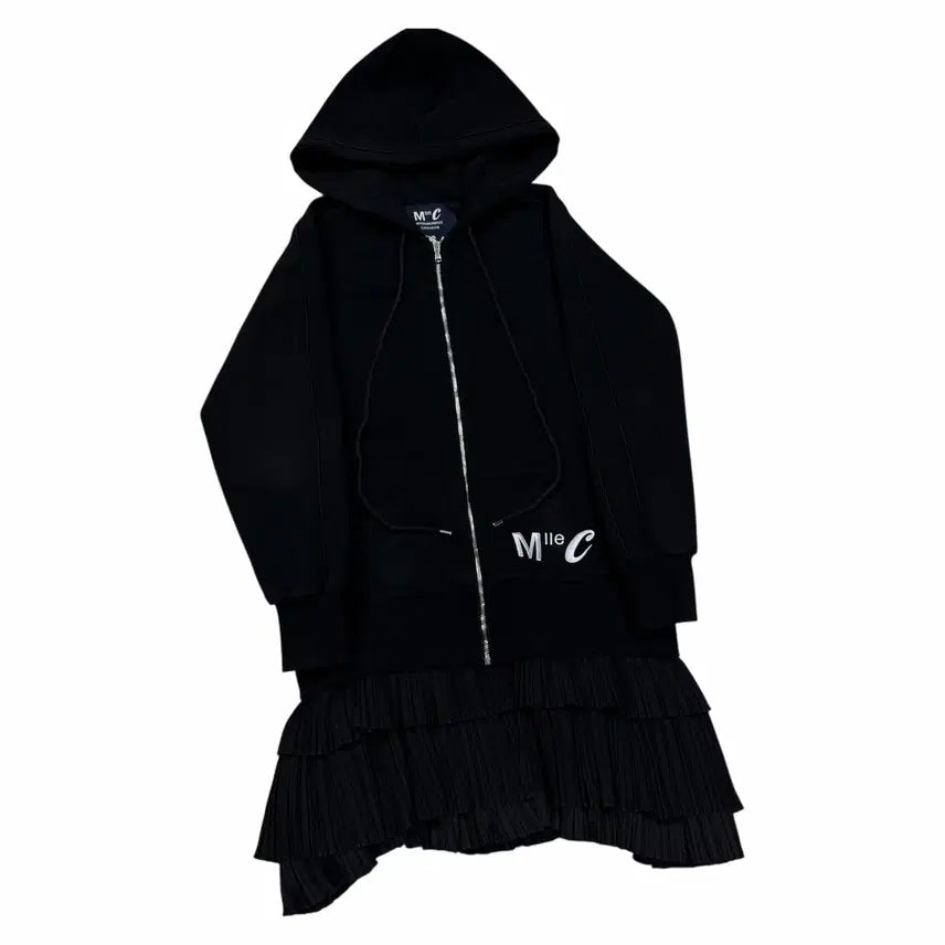 [BUNJANG] Lucky Chouette Pleated Long Fleece Hoodie Jacket / 럭키슈에뜨 플리츠 롱 기모 후드집업 자켓 블랙
