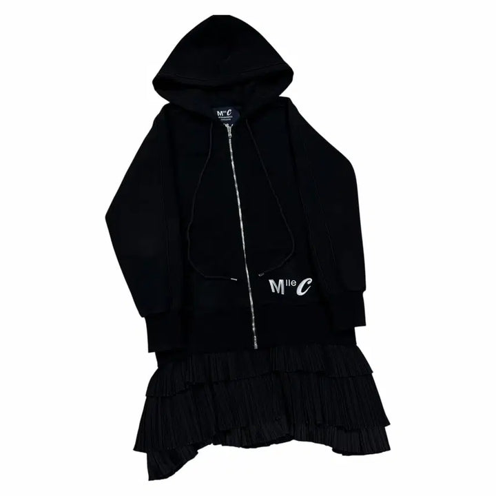 [BUNJANG] Lucky Chouette Pleated Long Fleece Hoodie Jacket / 럭키슈에뜨 플리츠 롱 기모 후드집업 자켓 블랙