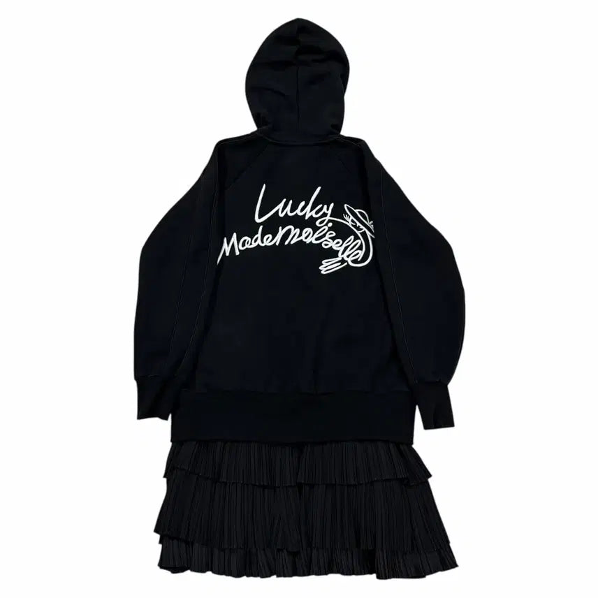 [BUNJANG] Lucky Chouette Pleated Long Fleece Hoodie Jacket / 럭키슈에뜨 플리츠 롱 기모 후드집업 자켓 블랙