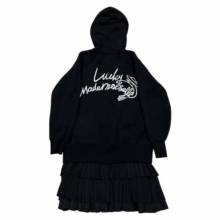 [BUNJANG] Lucky Chouette Pleated Long Fleece Hoodie Jacket / 럭키슈에뜨 플리츠 롱 기모 후드집업 자켓 블랙