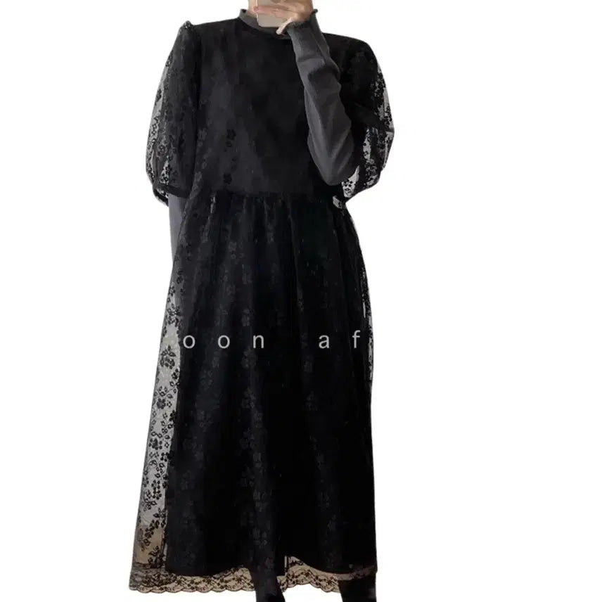 [BUNJANG] Black Lace Sheer Long Dress / 올 레이스 시스루 원피스