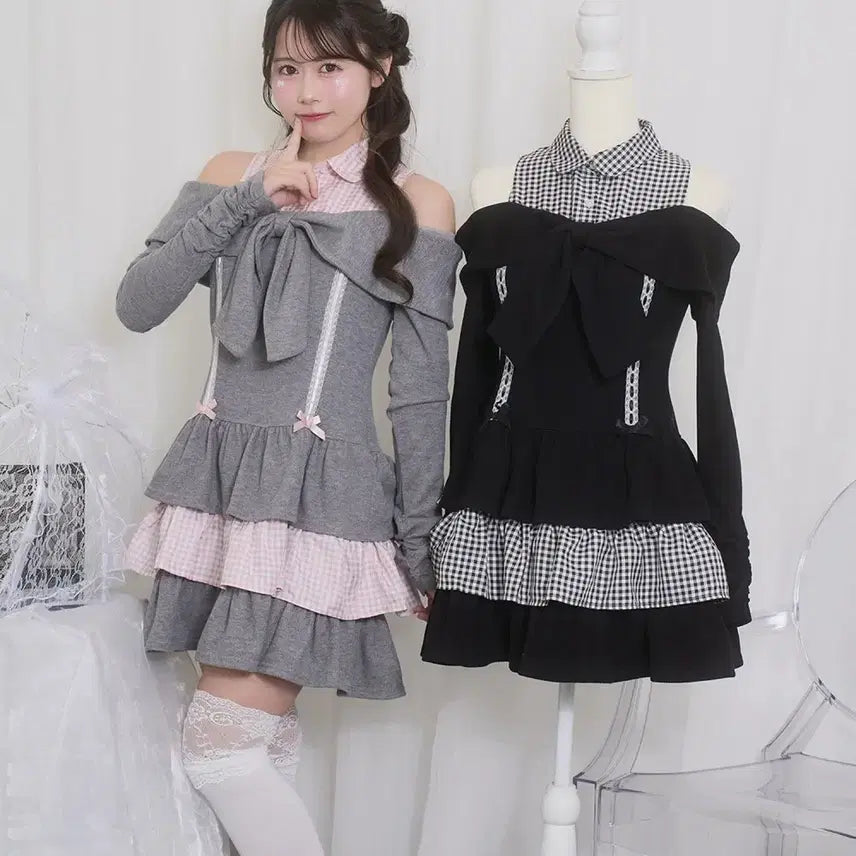 [BUNJANG] Honey Cinnamon Off-Shoulder Ribbon Docking Dress / 허니시나몬 오프숄더 리본 도킹 원피스