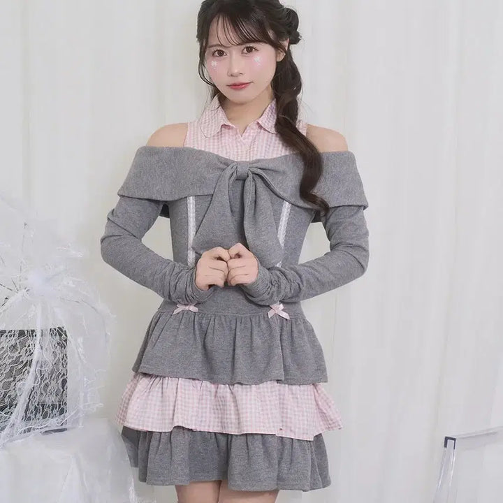 [BUNJANG] Honey Cinnamon Off-Shoulder Ribbon Docking Dress / 허니시나몬 오프숄더 리본 도킹 원피스