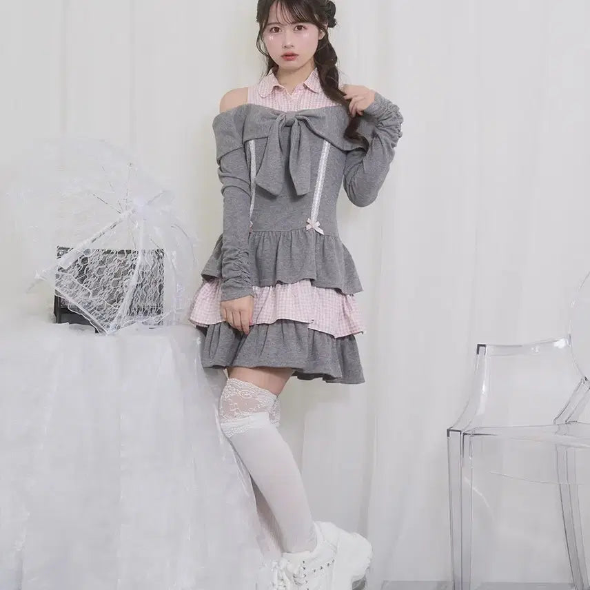 [BUNJANG] Honey Cinnamon Off-Shoulder Ribbon Docking Dress / 허니시나몬 오프숄더 리본 도킹 원피스