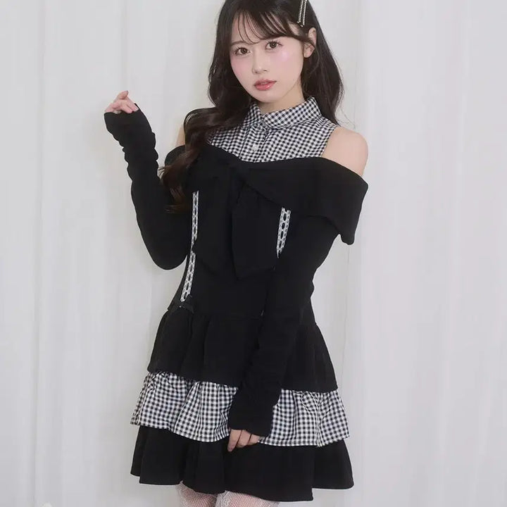 [BUNJANG] Honey Cinnamon Off-Shoulder Ribbon Docking Dress / 허니시나몬 오프숄더 리본 도킹 원피스