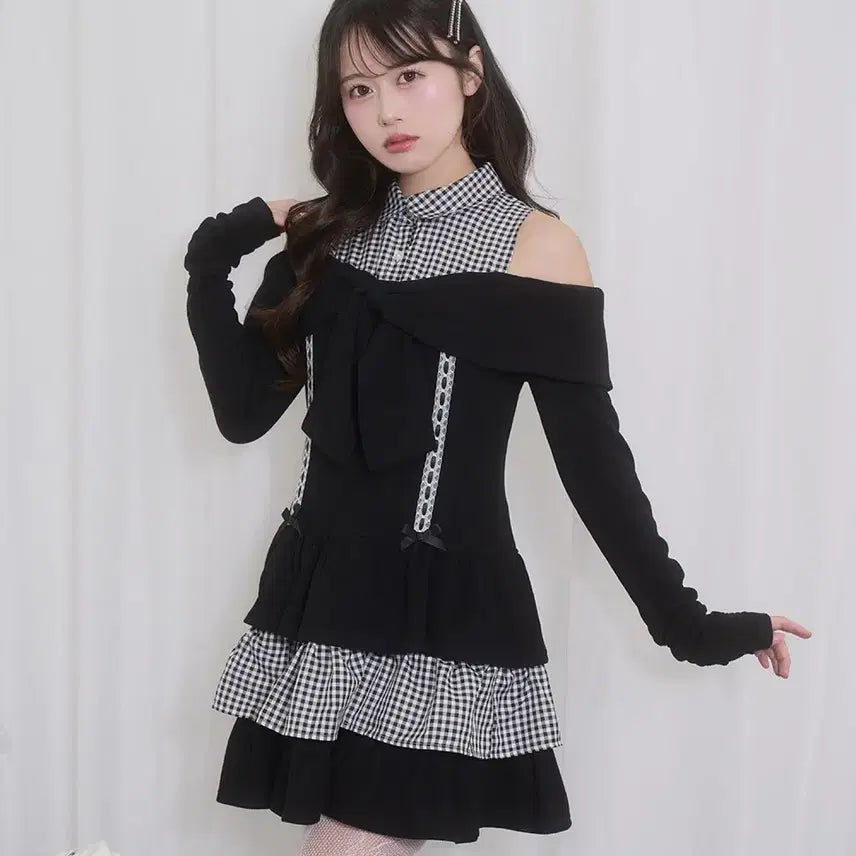 [BUNJANG] Honey Cinnamon Off-Shoulder Ribbon Docking Dress / 허니시나몬 오프숄더 리본 도킹 원피스