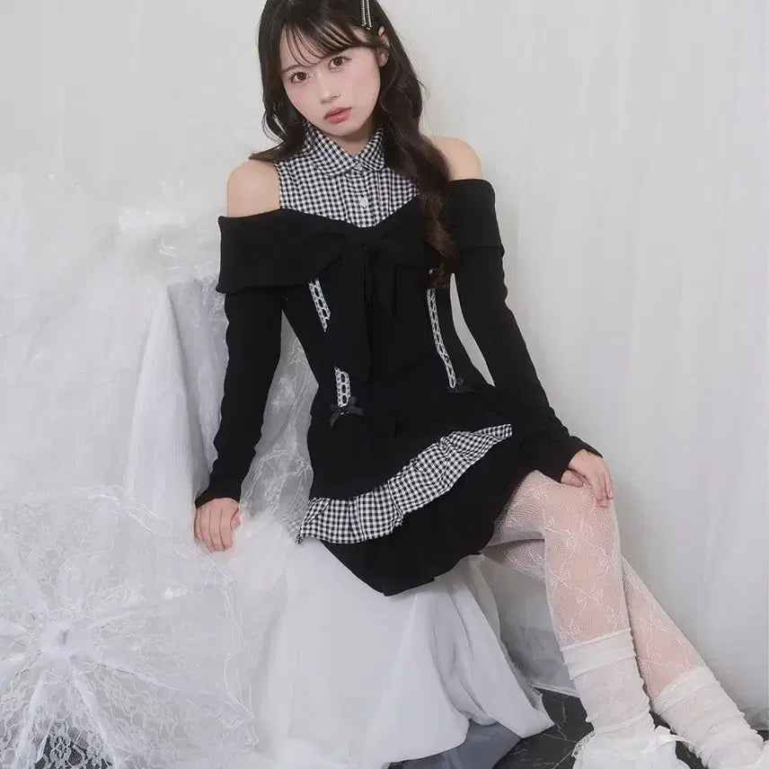 [BUNJANG] Honey Cinnamon Off-Shoulder Ribbon Docking Dress / 허니시나몬 오프숄더 리본 도킹 원피스