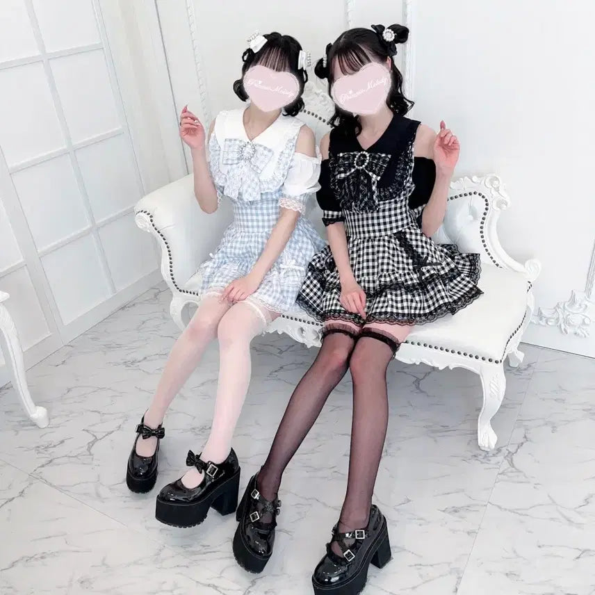 [BUNJANG] MARS Gingham Check Ribbon Blouse &amp; Skirt Set / MARS 프리메로 깅엄체크 리본 블라우스 스카판 셋업