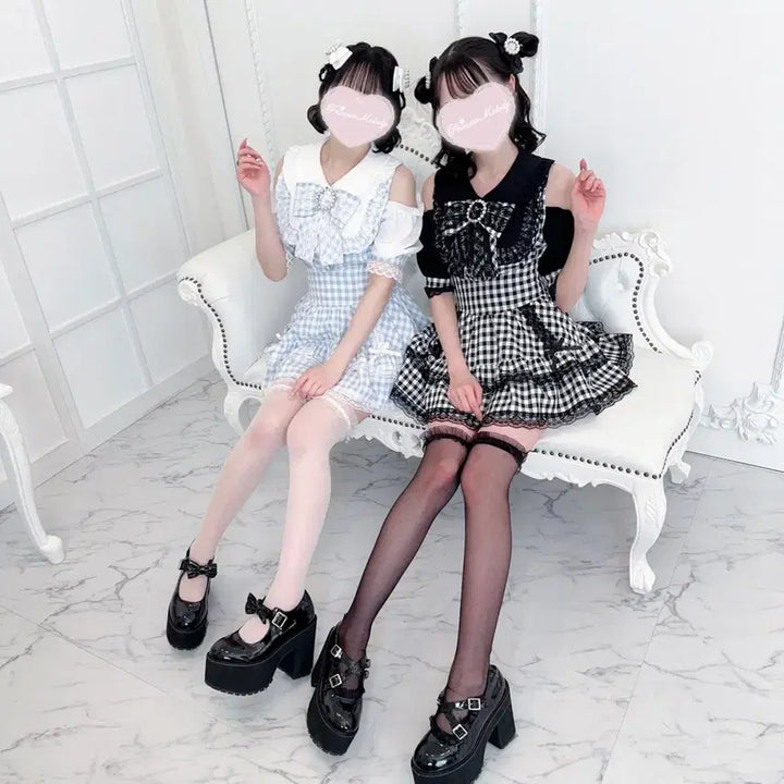 [BUNJANG] MARS Gingham Check Ribbon Blouse &amp; Skirt Set / MARS 프리메로 깅엄체크 리본 블라우스 스카판 셋업