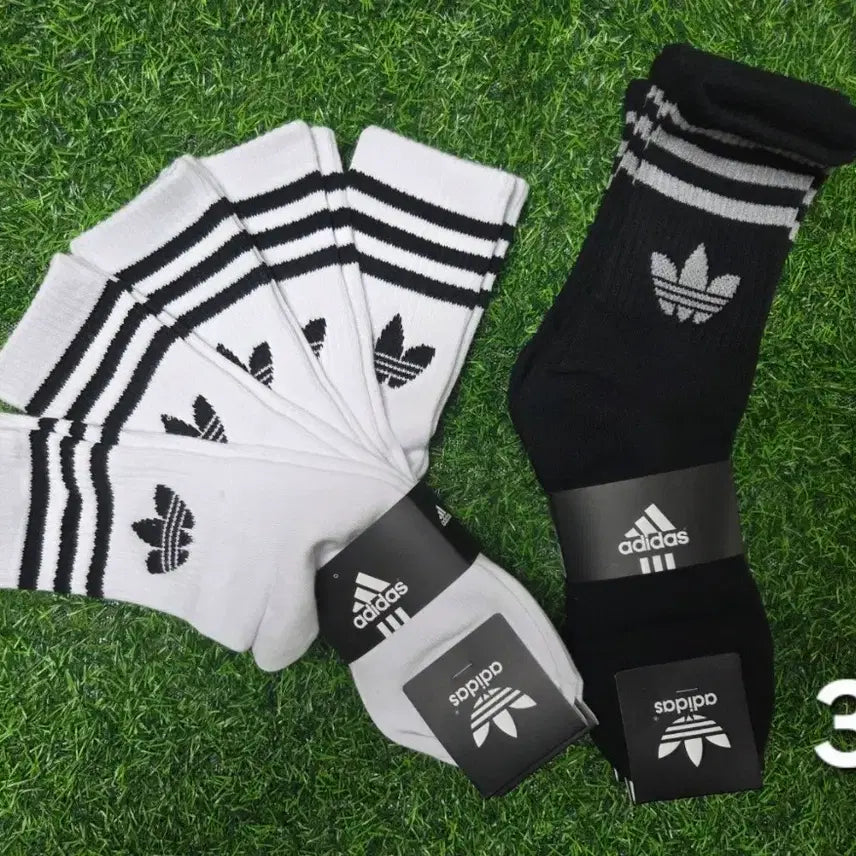[BUNJANG] Adidas Three-Stripes Crew Socks (White/Black) - Cotton Blend / 아디다스 삼선 양말 화이트/블랙