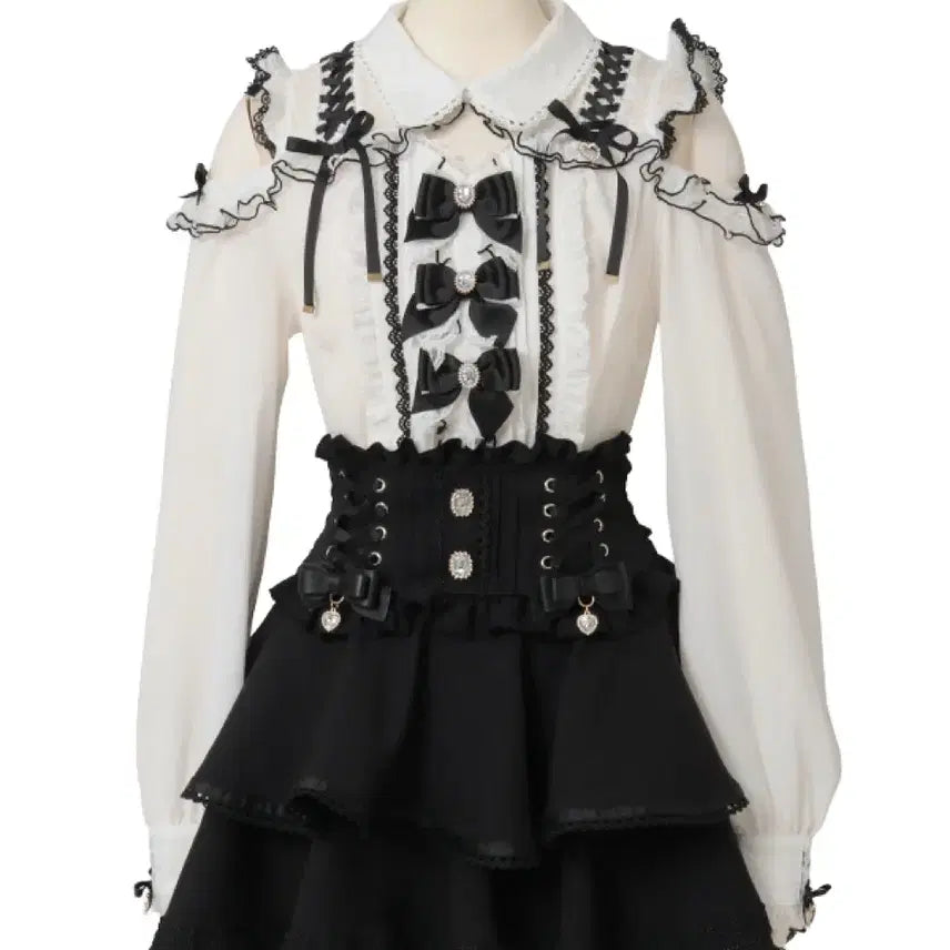 [BUNJANG] LIZ LISA Layered Triple Ribbon Blouse White/Black / LIZ LISA 리즈리사 레이어드 3연 리본 블라우스 화이트 블랙