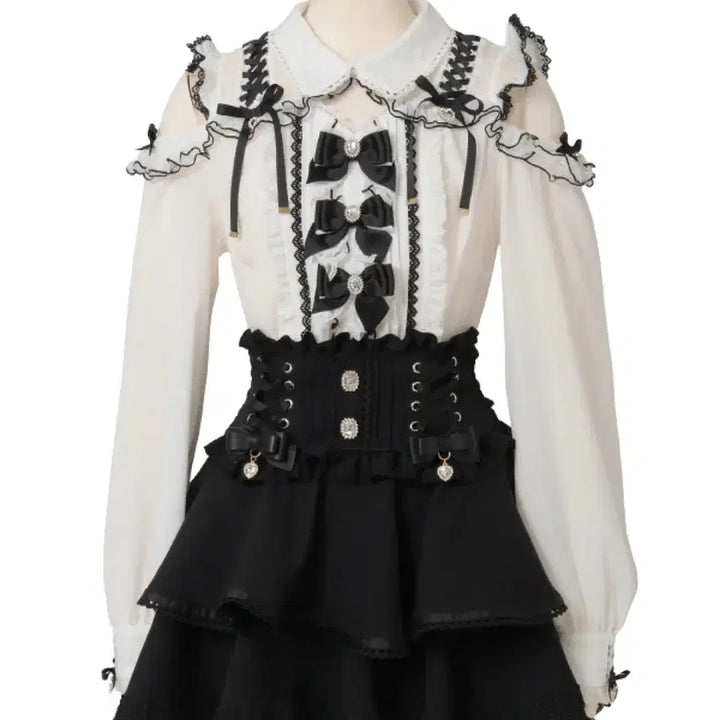 [BUNJANG] LIZ LISA Layered Triple Ribbon Blouse White/Black / LIZ LISA 리즈리사 레이어드 3연 리본 블라우스 화이트 블랙