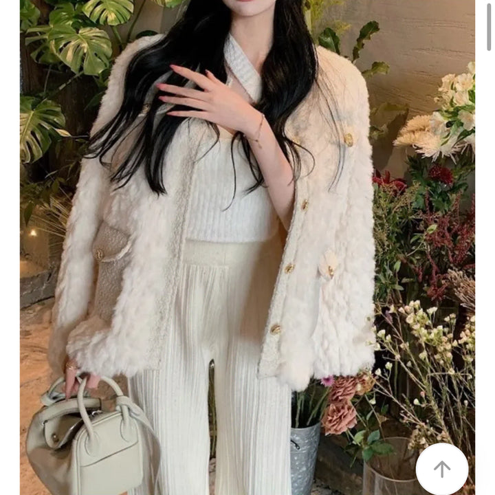 [BUNJANG] Ably Tweed Faux Fur Gold Button Jacket / 에이블리 트위드 퍼 금장 자켓 아이보리  프리사이즈