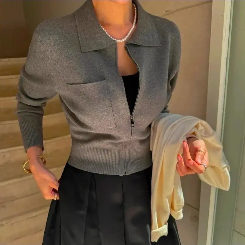 [BUNJANG] Black Knit Zip-Up Blouson Cardigan / 