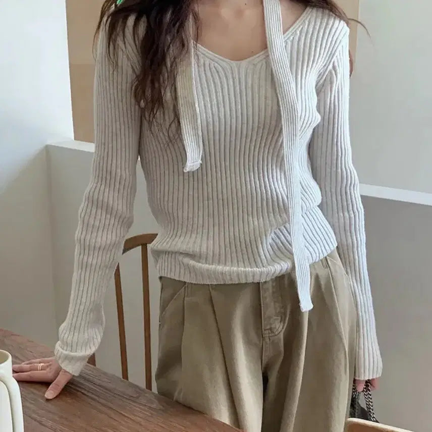 [BUNJANG] Autumn V-Neck Scarf Ribbed Knit Sweater / 떨이)어텀 브이넥 스카프 골지 니트