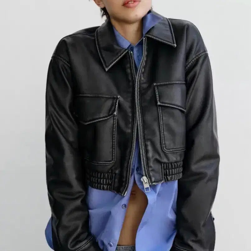 [SOLD OUT] 자라 크롭 레더 자켓 브라운