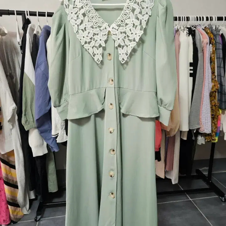[BUNJANG] Mint Lace Collar Long Dress / 레이스 카라 민트 원피스