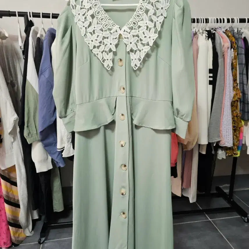 [BUNJANG] Mint Lace Collar Long Dress / 레이스 카라 민트 원피스