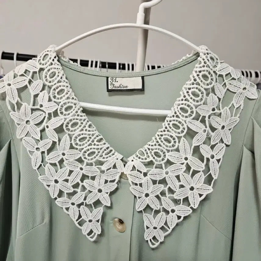 [BUNJANG] Mint Lace Collar Long Dress / 레이스 카라 민트 원피스