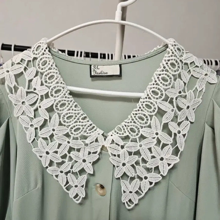 [BUNJANG] Mint Lace Collar Long Dress / 레이스 카라 민트 원피스