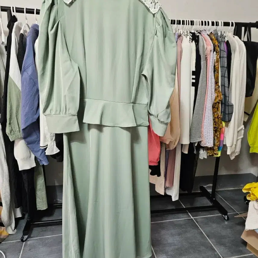 [BUNJANG] Mint Lace Collar Long Dress / 레이스 카라 민트 원피스