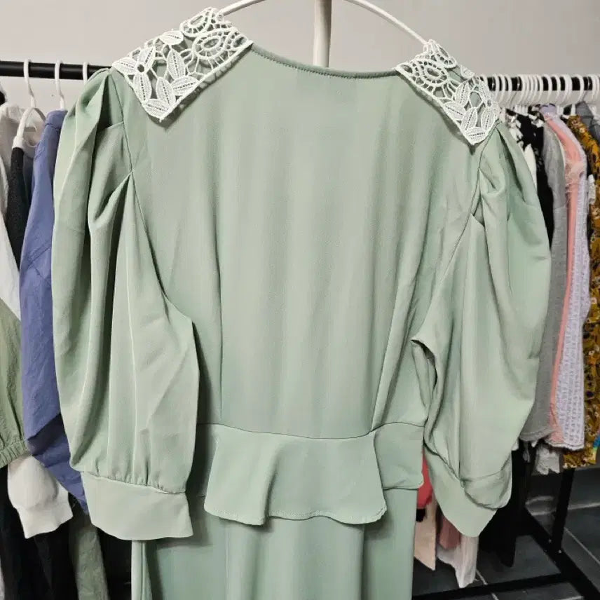 [BUNJANG] Mint Lace Collar Long Dress / 레이스 카라 민트 원피스