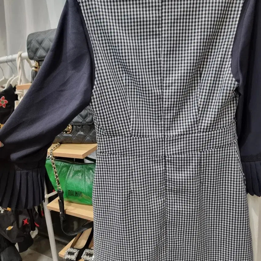[BUNJANG] Zigot Check Pleated Sleeve Dress S / 지고트 체크 배색 플리츠소매 원피스 S