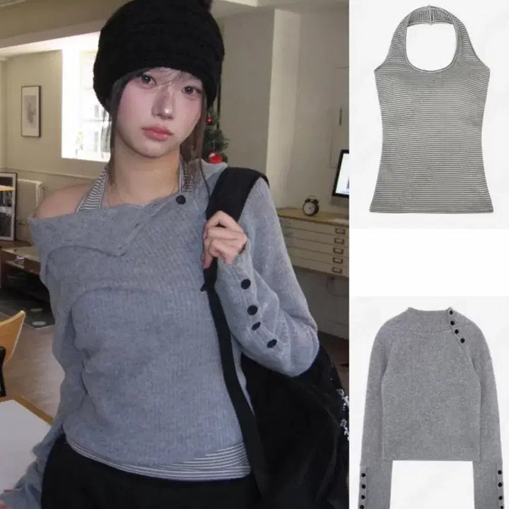 [BUNJANG] Gray Knit Top + Striped Halterneck Set / 회색 니트 탑 + 줄무늬 홀터넥 세트
