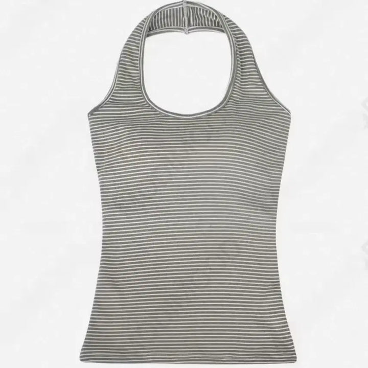 [BUNJANG] Gray Knit Top + Striped Halterneck Set / 회색 니트 탑 + 줄무늬 홀터넥 세트