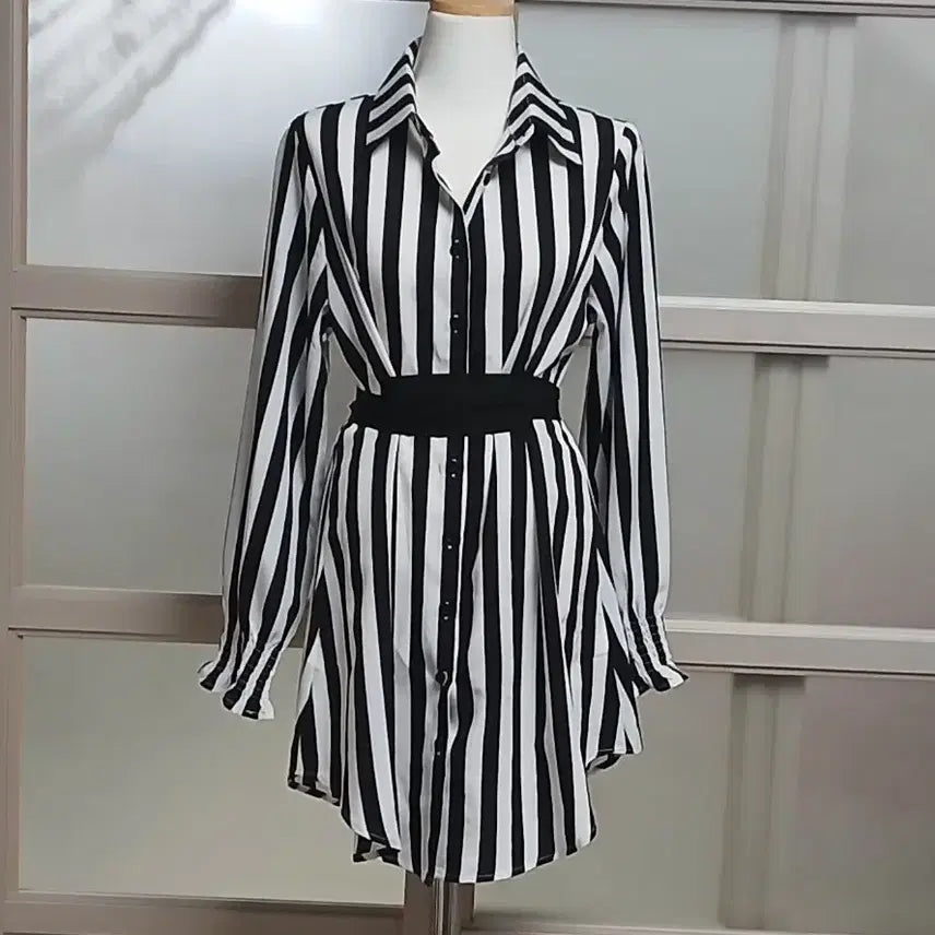 [BUNJANG] Striped Long Shirt - Black/White / 스트라이프 롱 셔츠 블랙/화이트 //새상품