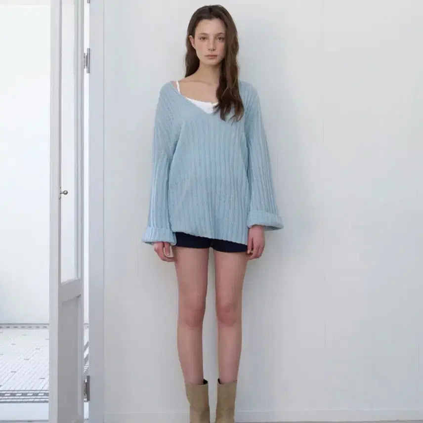 [BUNJANG] Somewhere But Better Veggie V-Neck Knit Light Blue / [새상품]썸웨어버터 Veggie V-Neck Knit Light blue