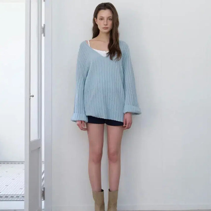 [BUNJANG] Somewhere But Better Veggie V-Neck Knit Light Blue / [새상품]썸웨어버터 Veggie V-Neck Knit Light blue