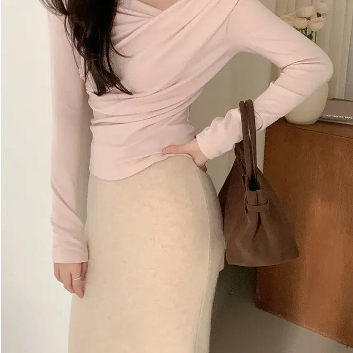 [BUNJANG] Pebit Yeri Shirring Off-tee Top (Ballet Pink) / 퍼빗 퍼스널컬러 여리셔링 오프티 탑 긴팔 (발렛핑크)