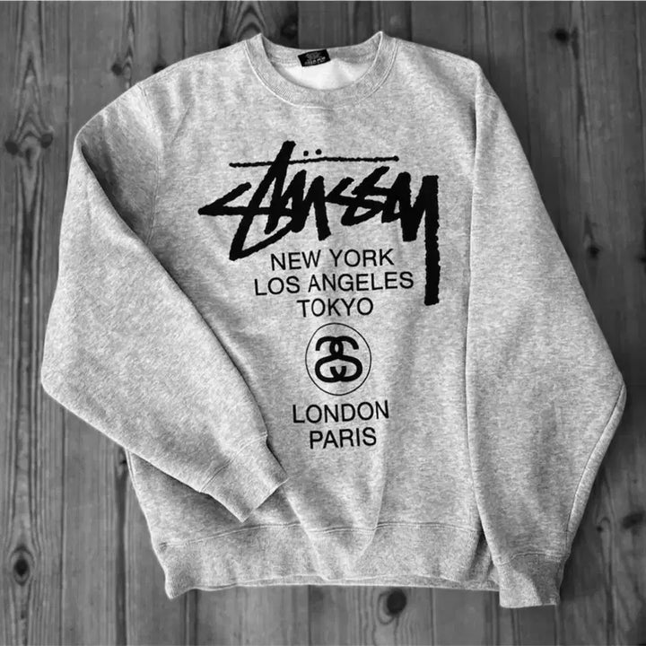 [BUNJANG] Stussy World Tour Sweatshirt (Black/Ash Heather/Natural) / 정품새상품>스투시 월드투어 맨투맨 (블랙/애쉬해더/네츄럴)