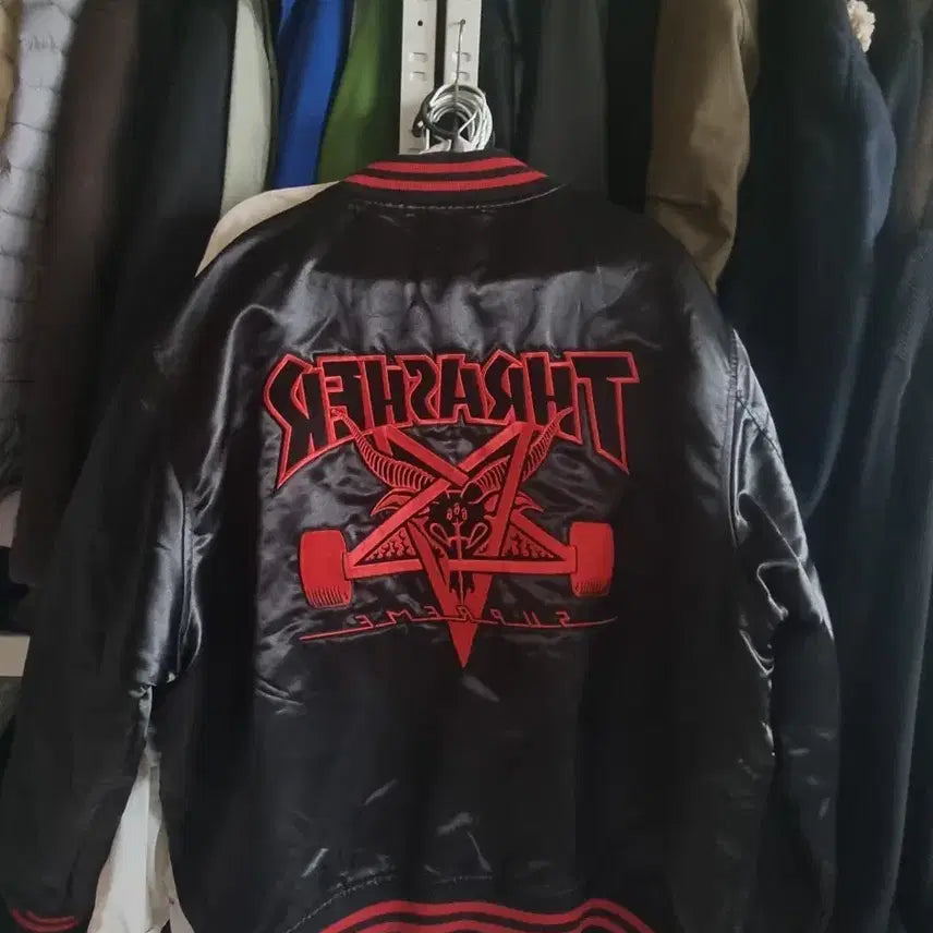 [BUNJANG] Supreme x Thrasher Satin Varsity Jacket Black XL / 트래셔 X 슈프림 사틴  바시티 자켓 블랙 xl
