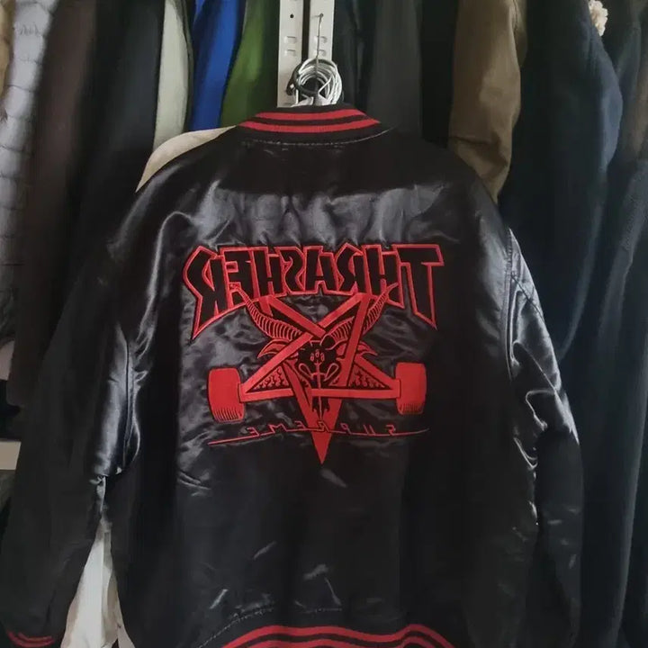 [BUNJANG] Supreme x Thrasher Satin Varsity Jacket Black XL / 트래셔 X 슈프림 사틴  바시티 자켓 블랙 xl