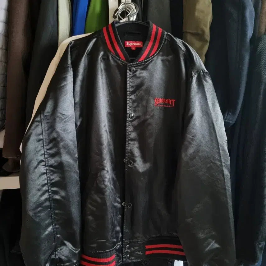 [BUNJANG] Supreme x Thrasher Satin Varsity Jacket Black XL / 트래셔 X 슈프림 사틴  바시티 자켓 블랙 xl