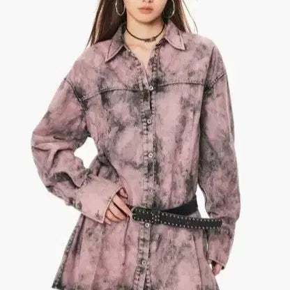[BUNJANG] WESAME Lab Pink Black Washed Shirt Dress with Belt / 위세임랩 핑크 블랙 워시드 셔츠 원피스 벨트 세트 빈티지 이유비 착용