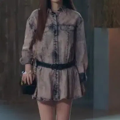 [BUNJANG] WESAME Lab Pink Black Washed Shirt Dress with Belt / 위세임랩 핑크 블랙 워시드 셔츠 원피스 벨트 세트 빈티지 이유비 착용
